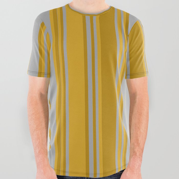 Dark Gray, Dark Goldenrod, and Goldenrod Colored Pattern of Stripes All Over Graphic Tee