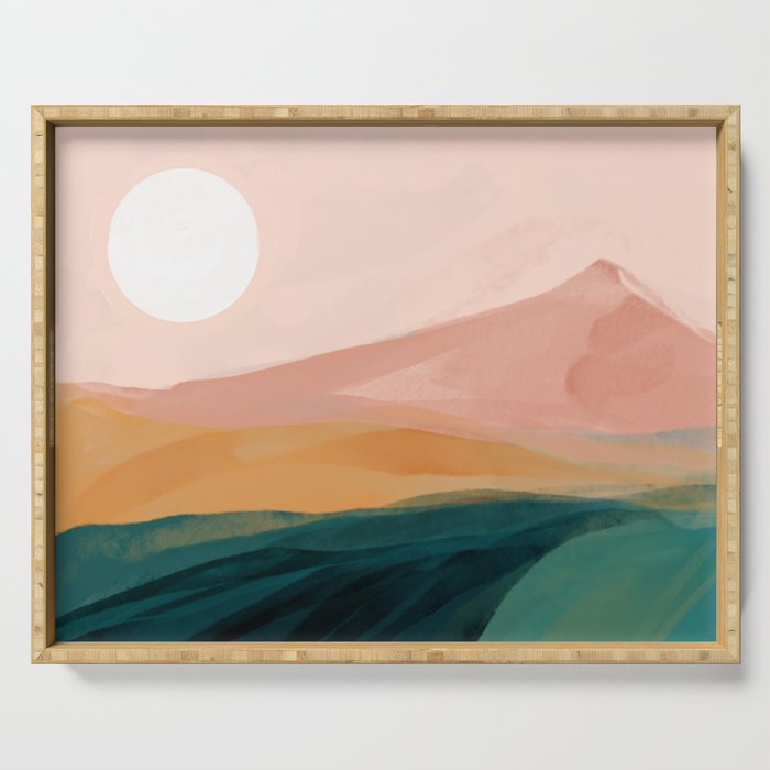 pink, green, gold moon watercolor mountains Serving Tray
