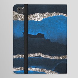 Watercolor Navy Blue And Silver Glitter Liquid Marble Abstract Pattern iPad Folio Case