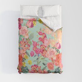 Antique Floral Print in Coral and Mint Tones Comforter