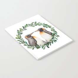 Watercolor Painting Kissing Penguins in Mistletoe Wreath for Valentine's Day, Christmas Notebook