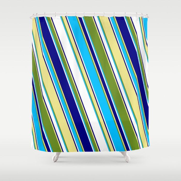 Eyecatching Green, Deep Sky Blue, White, Blue, and Tan Colored Stripes/Lines Pattern Shower Curtain