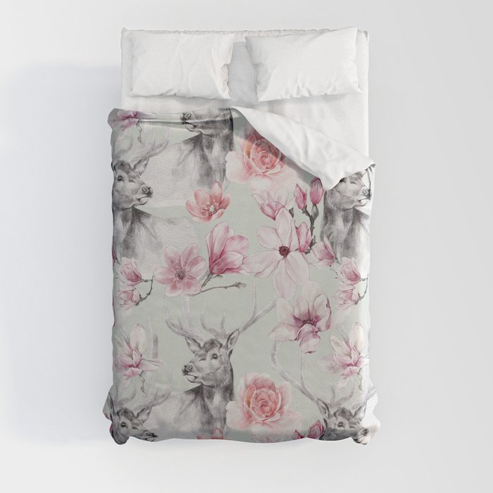 Pink Flower Deer Pattern Duvet Cover