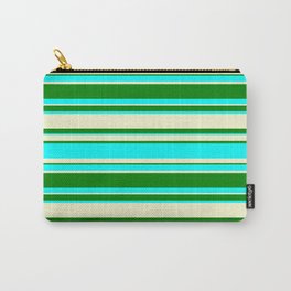 [ Thumbnail: Light Yellow, Green, and Aqua Colored Lined Pattern Carry-All Pouch ]
