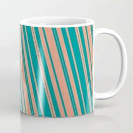 [ Thumbnail: Dark Cyan and Dark Salmon Colored Lined/Striped Pattern Coffee Mug ]