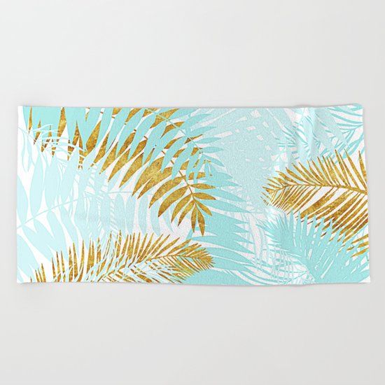 Aloha- Tropical Palm Leaves and Gold Metal Foil Leaf Garden Beach Towel
