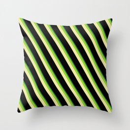 [ Thumbnail: Green, Pale Goldenrod, Black, and Forest Green Colored Pattern of Stripes Throw Pillow ]