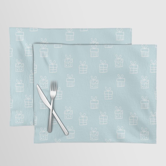 White Christmas gift box pattern on Baby Blue background Placemat