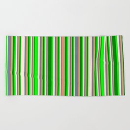 [ Thumbnail: Eyecatching Lime, Green, Dark Salmon, Slate Gray & Beige Colored Striped/Lined Pattern Beach Towel ]