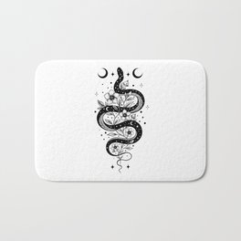 Serpent Spell -Black and White Bath Mat | Bohemian, Crescentmoon, Flowers, Tattoo, Witch, Snake, Black And White, Serpent, Nature, Dark 