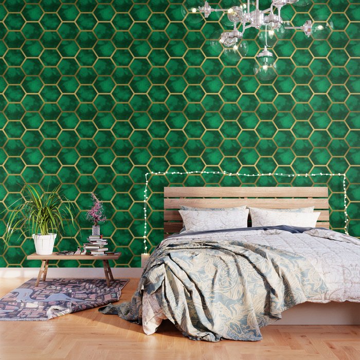 Emerald Green and Gold Honeycomb Wallpaper by Julie Erin Designs | Society6