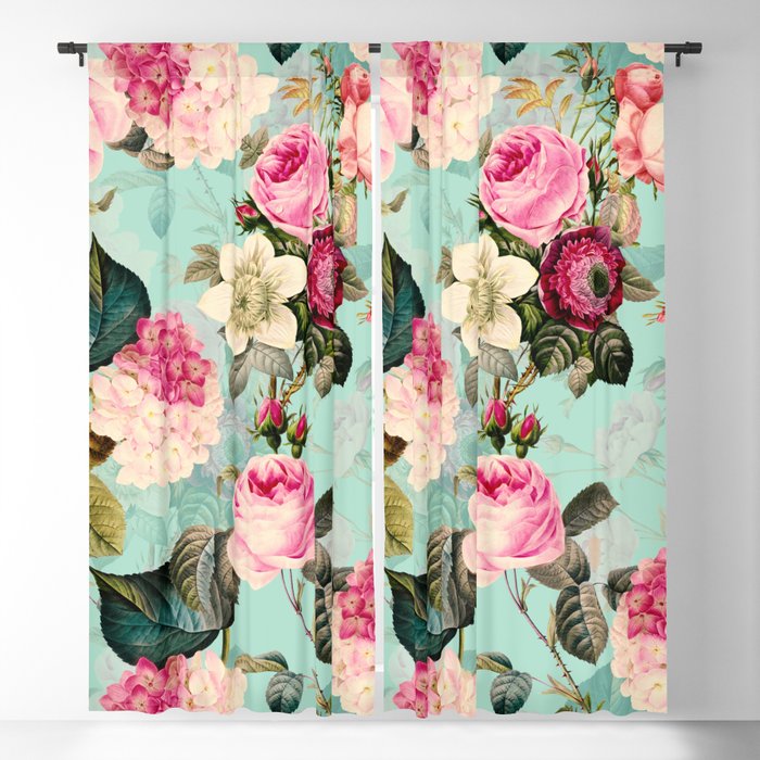 Vintage & Shabby Chic - Summer Teal Roses Flower Garden Blackout Curtain