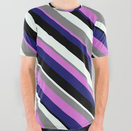 [ Thumbnail: Eye-catching Gray, Orchid, Midnight Blue, Black, and Mint Cream Colored Stripes/Lines Pattern All Over Graphic Tee ]