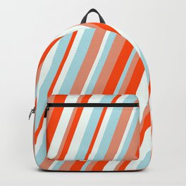 [ Thumbnail: Dark Salmon, Red, Mint Cream, and Powder Blue Colored Lined Pattern Backpack ]