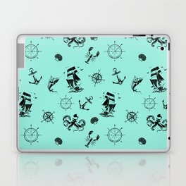 Mint Blue And Black Silhouettes Of Vintage Nautical Pattern Laptop Skin