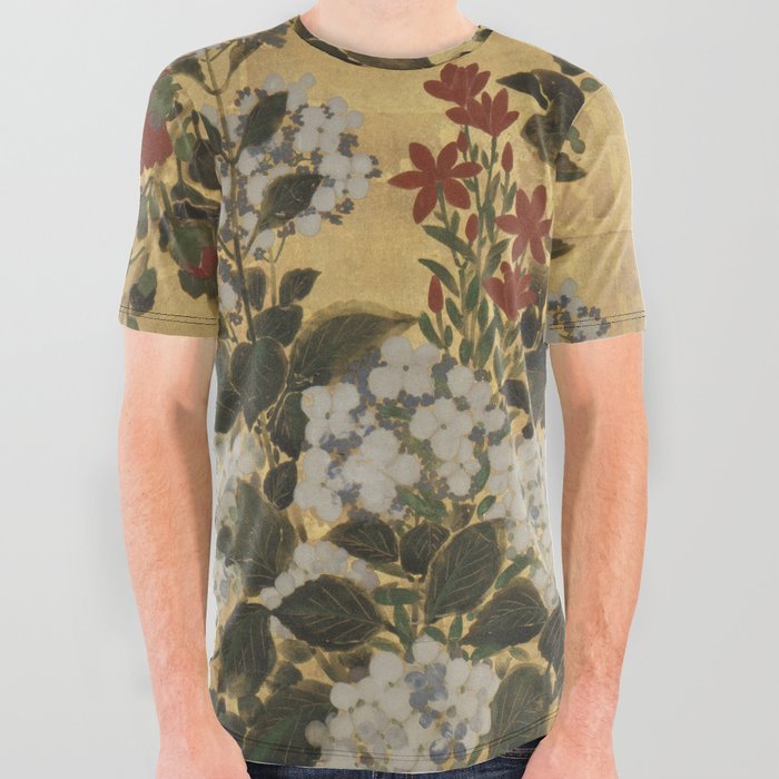 Flowers & Grapes Vintage Japanese Floral Gold Leaf Screen All Over Graphic Tee