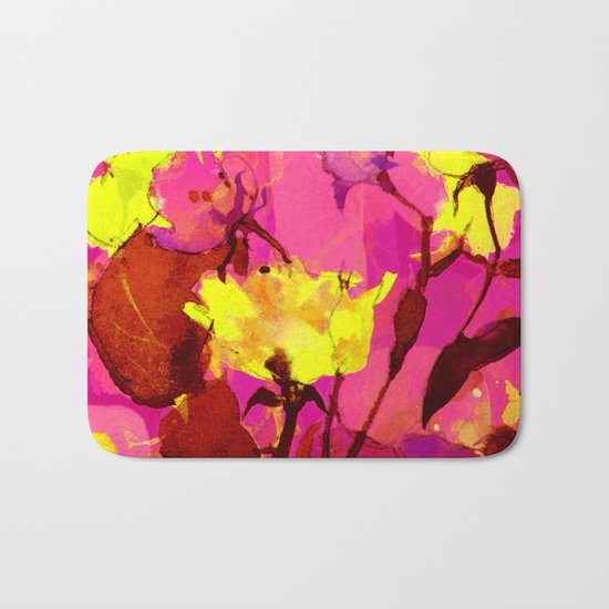 yellow flowers on fuchsia Bath Mat