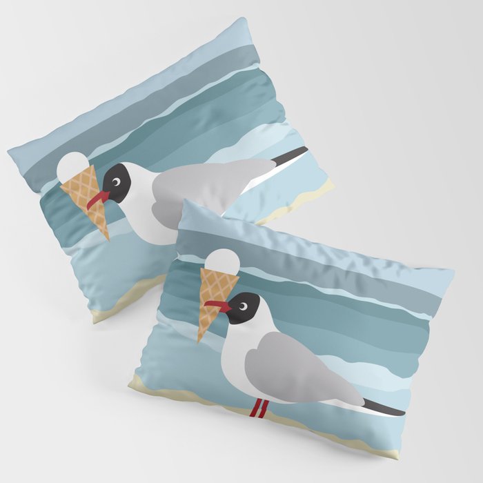 Cute seagull with ice cream by the sea Pillow Sham