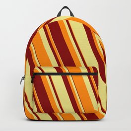 [ Thumbnail: Tan, Dark Orange, and Dark Red Colored Lined Pattern Backpack ]