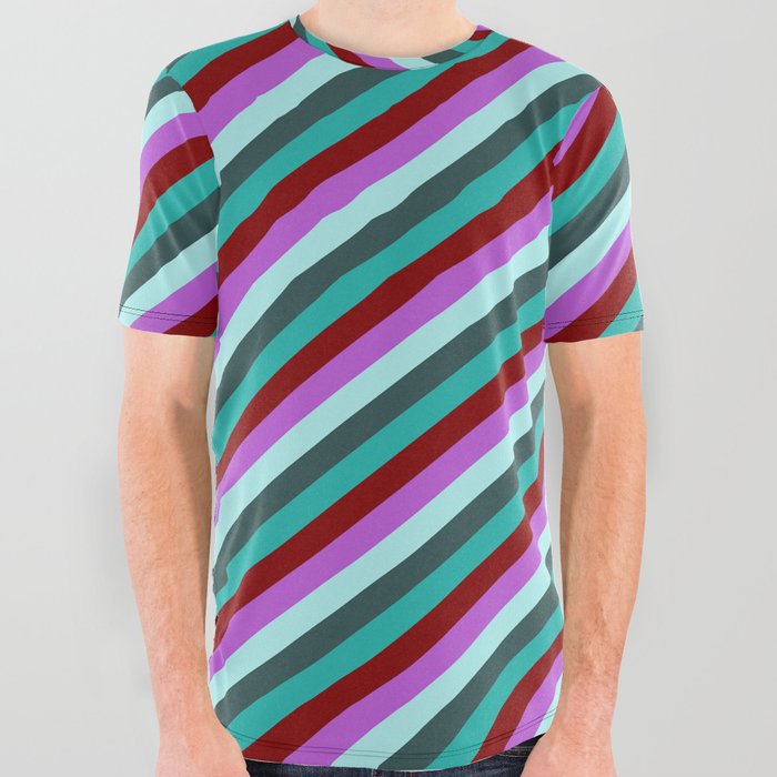 Eyecatching Orchid, Turquoise, Dark Slate Gray, Light Sea Green & Maroon Colored Stripes Pattern All Over Graphic Tee