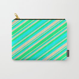 [ Thumbnail: Green, Aqua, and Tan Colored Stripes/Lines Pattern Carry-All Pouch ]