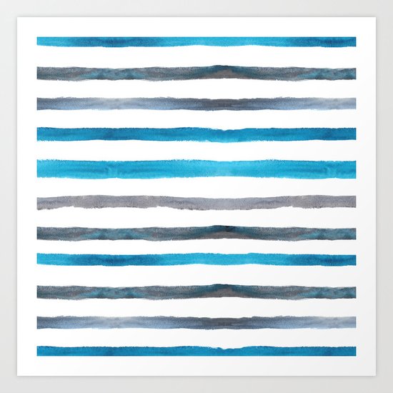 Azure blue and grey watercolor stripes Art Print