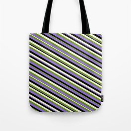 [ Thumbnail: Green, Purple, Black & Beige Colored Lined Pattern Tote Bag ]