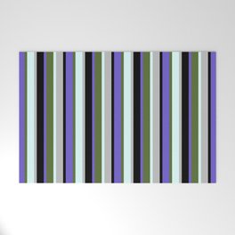 [ Thumbnail: Eyecatching Slate Blue, Dark Olive Green, Light Cyan, Grey & Black Colored Lines/Stripes Pattern Welcome Mat ]