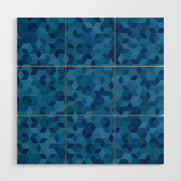 Blue Navy Cubes Pattern Design Wood Wall Art