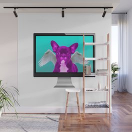 Funny Pink French Bulldog with Angel Wings in Computer Screen Wall Mural
