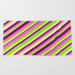[ Thumbnail: Purple, Hot Pink, Green & Bisque Colored Lined Pattern Beach Towel ]