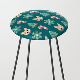 Holiday Cookies - Corgi, Christmas Tree, Snowflake and Candy Cane, Sweet and Cute Festive Pattern in Teal Green, Pink and Beige Counter Stool