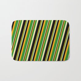 [ Thumbnail: Orange, Forest Green, Pale Goldenrod, and Black Colored Lined/Striped Pattern Bath Mat ]