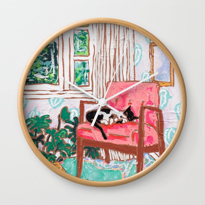 Little Naps - Tuxedo Cat Napping in a Pink Mid-Century Chair by the Window Wall Clock