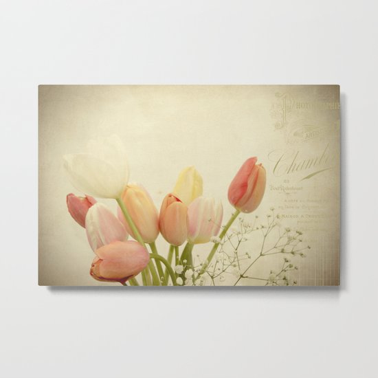 Spring Botanical -- Vintage French Tulips and Baby's Breath Metal Print
