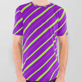 [ Thumbnail: Dark Violet and Light Green Colored Striped/Lined Pattern All Over Graphic Tee ]