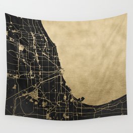 Chicago Black and Gold Street Map Wall Tapestry
