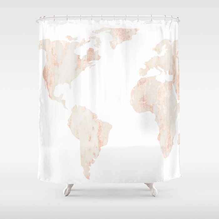 Marble World Map Light Pink Rose Gold Shimmer Shower Curtain By