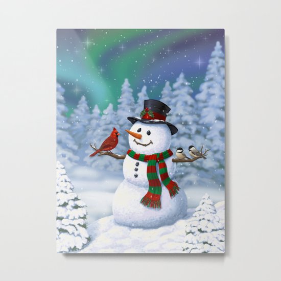 Cute Happy Christmas Snowman with Birds Metal Print