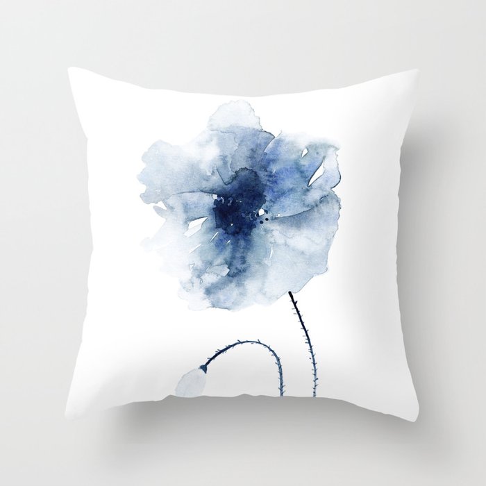 Blue Watercolor Poppies #2 Throw Pillow