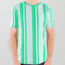 [ Thumbnail: Green & Light Cyan Colored Lines Pattern All Over Graphic Tee ]