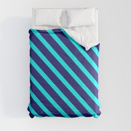 [ Thumbnail: Cyan and Midnight Blue Colored Lined/Striped Pattern Comforter ]