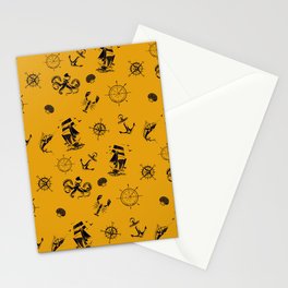 Mustard And Blue Silhouettes Of Vintage Nautical Pattern Stationery Card
