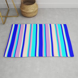 [ Thumbnail: Aqua, Beige, Plum & Blue Colored Lined Pattern Rug ]