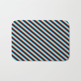 [ Thumbnail: Tan, Brown, Black & Deep Sky Blue Colored Striped Pattern Bath Mat ]
