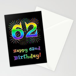 [ Thumbnail: 62nd Birthday - Fun Rainbow Spectrum Gradient Pattern Text, Bursting Fireworks Inspired Background Stationery Cards ]