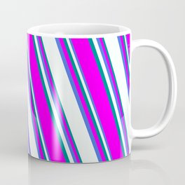 [ Thumbnail: Royal Blue, Mint Cream, Teal, and Fuchsia Colored Lined Pattern Coffee Mug ]