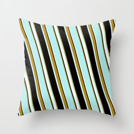 [ Thumbnail: Black, Dark Goldenrod, Turquoise & Mint Cream Colored Lined Pattern Throw Pillow ]