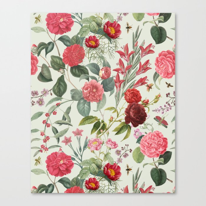 Rose Garden & Spinach White  - Lush floral pattern at pale green Canvas Print