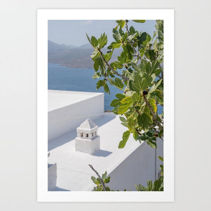 Milos roofs / Greek island photography with blurred background and focus on trees  Art Print